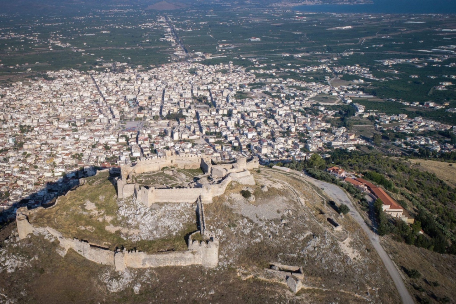 Aerial view of Argos with the medieval castle on Larissa hill